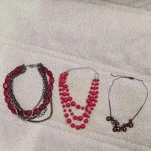 #36 set of 3 red beaded layered chain rhinestone statement necklaces